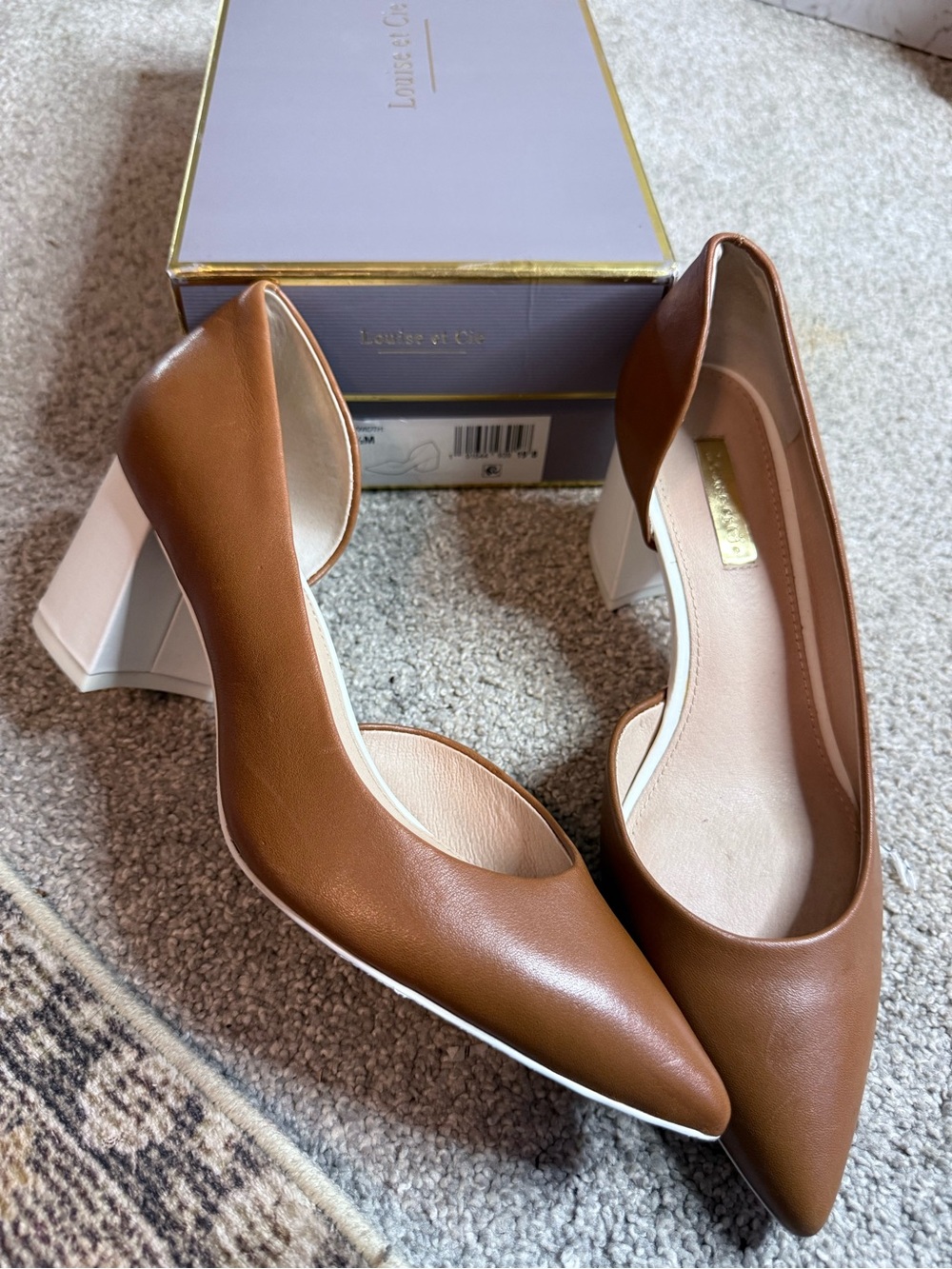 Louise et Cie Tan Leather Pointed D'Orsay Pumps with White Block Heels